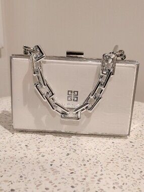 Upcycled White Acrylic Logo Box Bag with Silver Chain Handle
